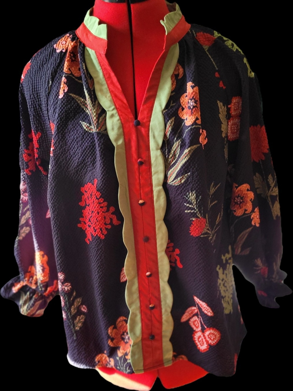 Floral Button-Front Blouse with Contrast Trim - Black, Red & Green